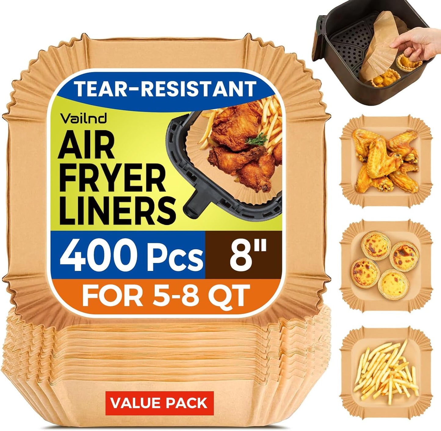 Skiennix Air Fryer Liners - 400 Pcs Heavy-Duty Non-Stick Parchment Paper | 8" Square for 5-8 Qt Baskets