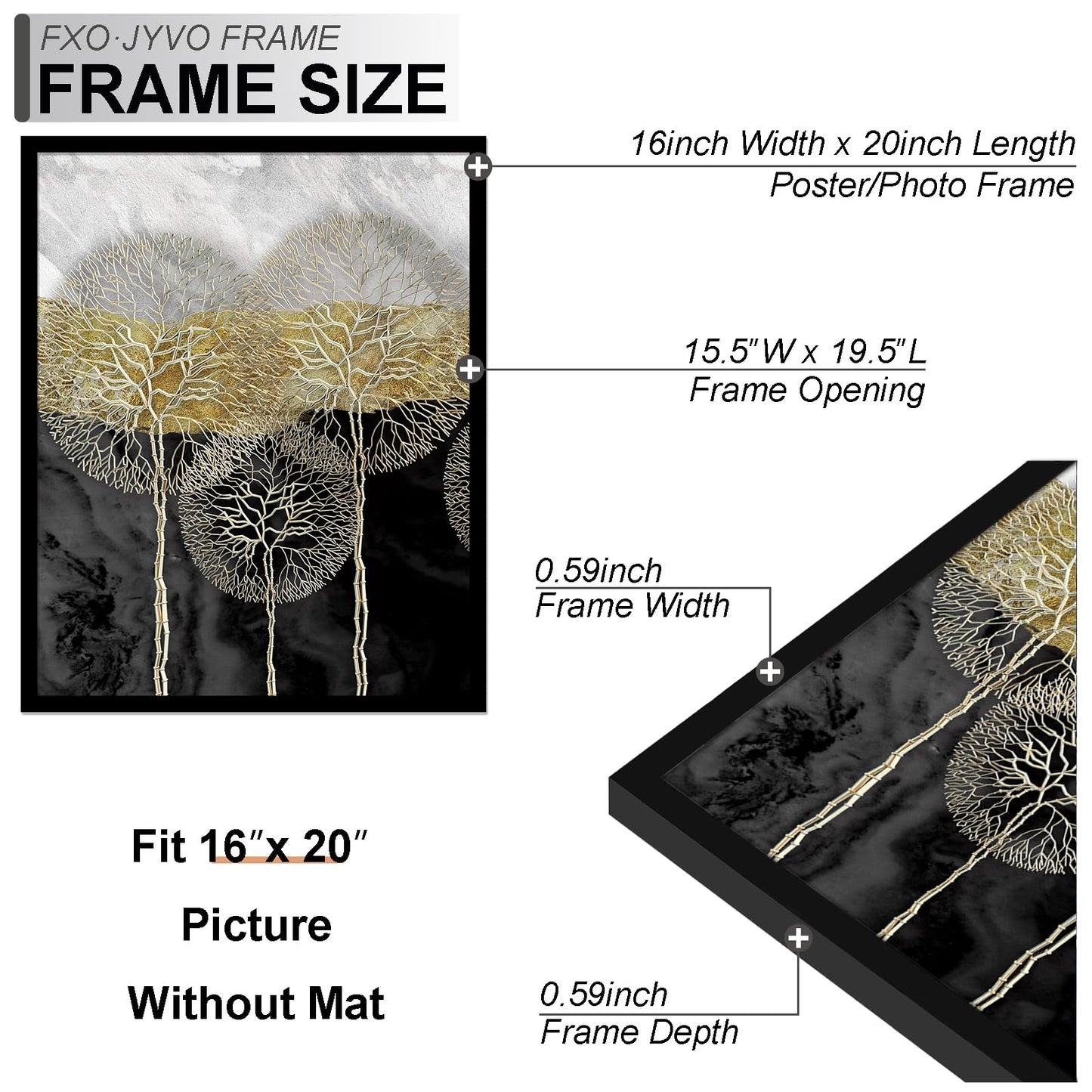 Fxojyvo 16x20 Picture Frame Set of 6, Display Poster 11x14 with Mat or 16 x 20 Without Mat, Light Weight and High Transparent 16 by 20 Frame for Wall - 6 Pack/Black/16 x20