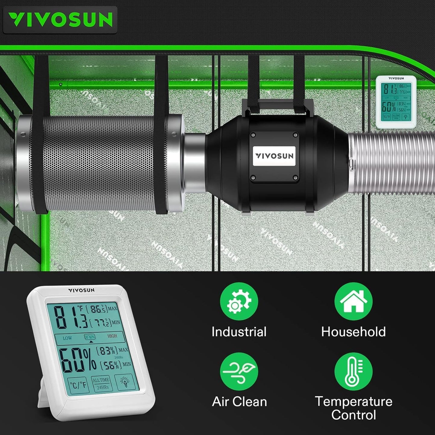 VIVOSUN 4 Inch Inline Fan - 190 CFM with Speed Controller, Carbon Filter & Ducting for Grow Tent Ventilation