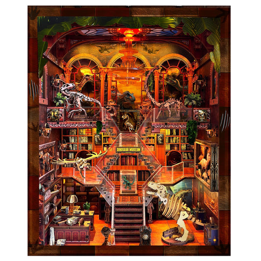 VORATHIS DIY Wooden Puzzle with Night Light, Miniature House Kits, Stunning Bookshelf Insert Decor, Ideal Gift for Holidays, Birthdays, and Home Library Decoration(Dinosaur Museum)