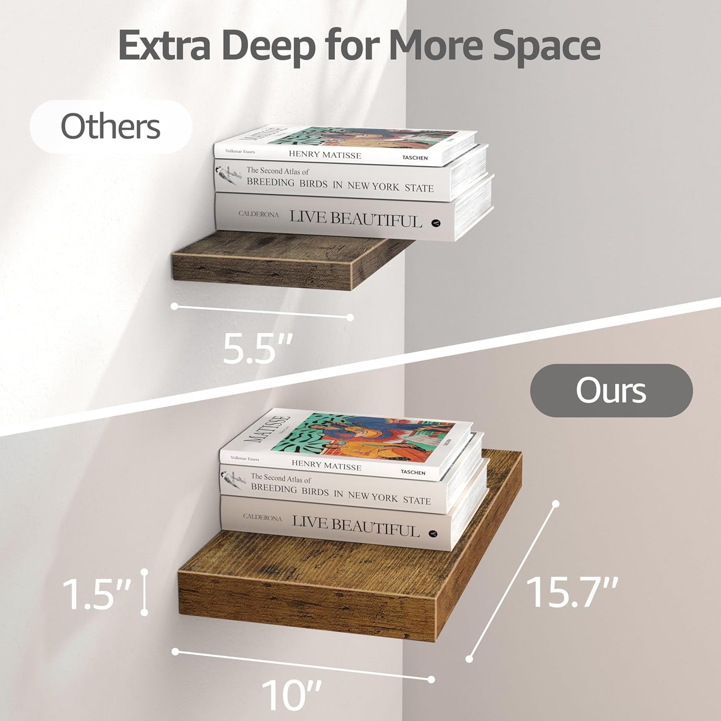 QEEIG 10" Deep Floating Shelves - Rustic Brown Set of 3 for Bathroom, Bedroom & Living Room
