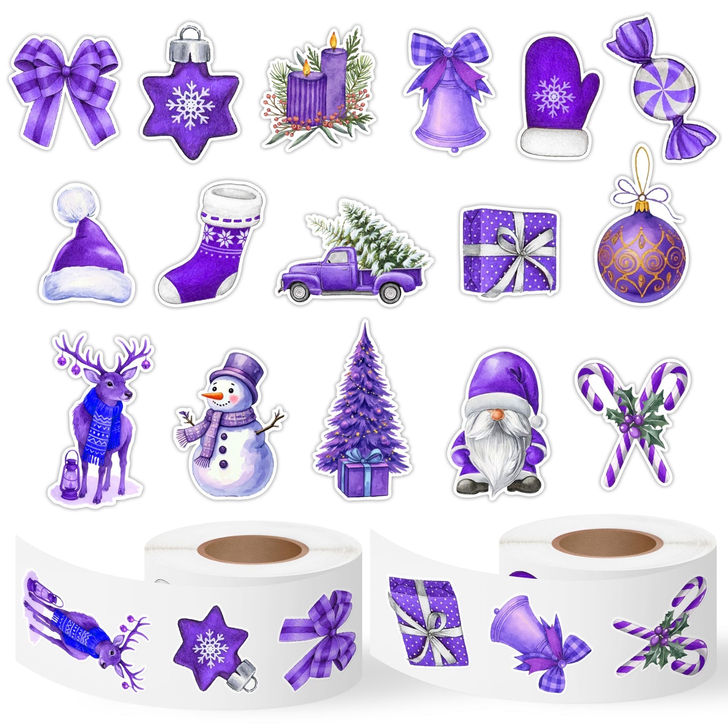 BkeeCten Christmas Purple Watercolor Sticker - 1000Pcs Xmas Purple Santa Waterproof Vinyl Reusable Laptop Stickers Coloring Book Scrapbook Water Bottle Page Activity Pad Party Favors Kids Skateboard