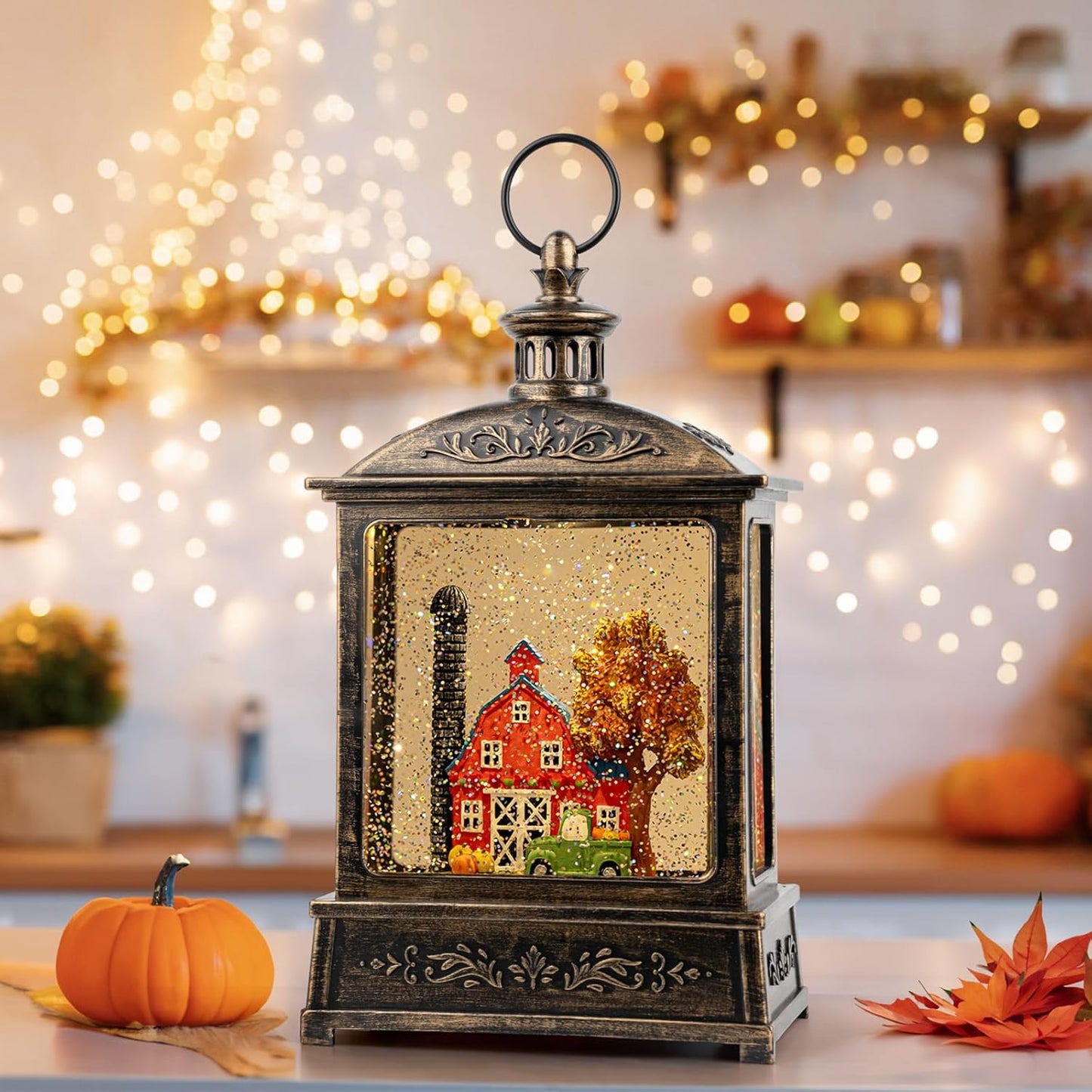 Skiennix 12.5'' Lighted Turkey Snow Globe | Thanksgiving Water Lantern with Glittering Effects