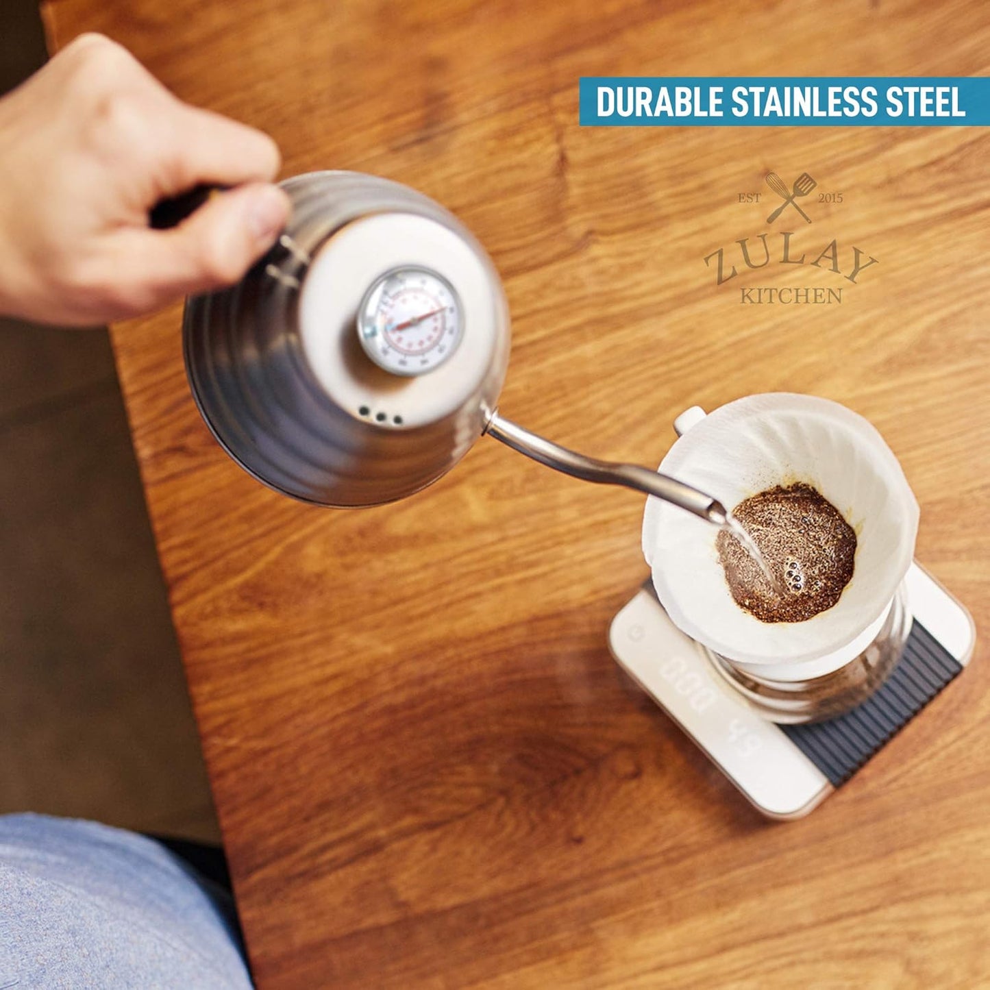 Zulay Premium Pour Over Coffee Kettle - 34 fl oz | 1 Liter Stainless Steel Gooseneck with Thermometer for Perfect Brewing