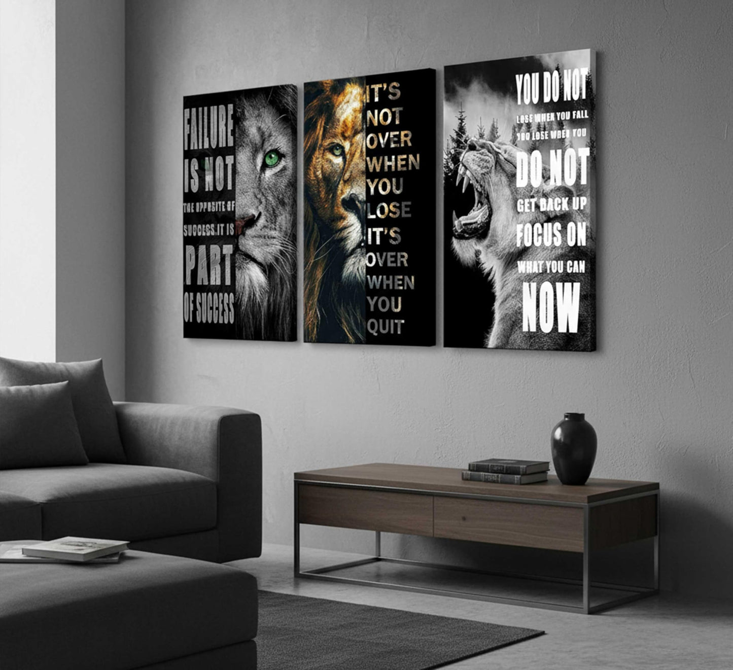 3 Pieces Office Inspirational Canvas Wall Art Modern Motivational Quotes Black And White Lion Pictures Wall Decor Inspiring Poster Print Artwork for Living room Man Room Bedroom Home Decoration