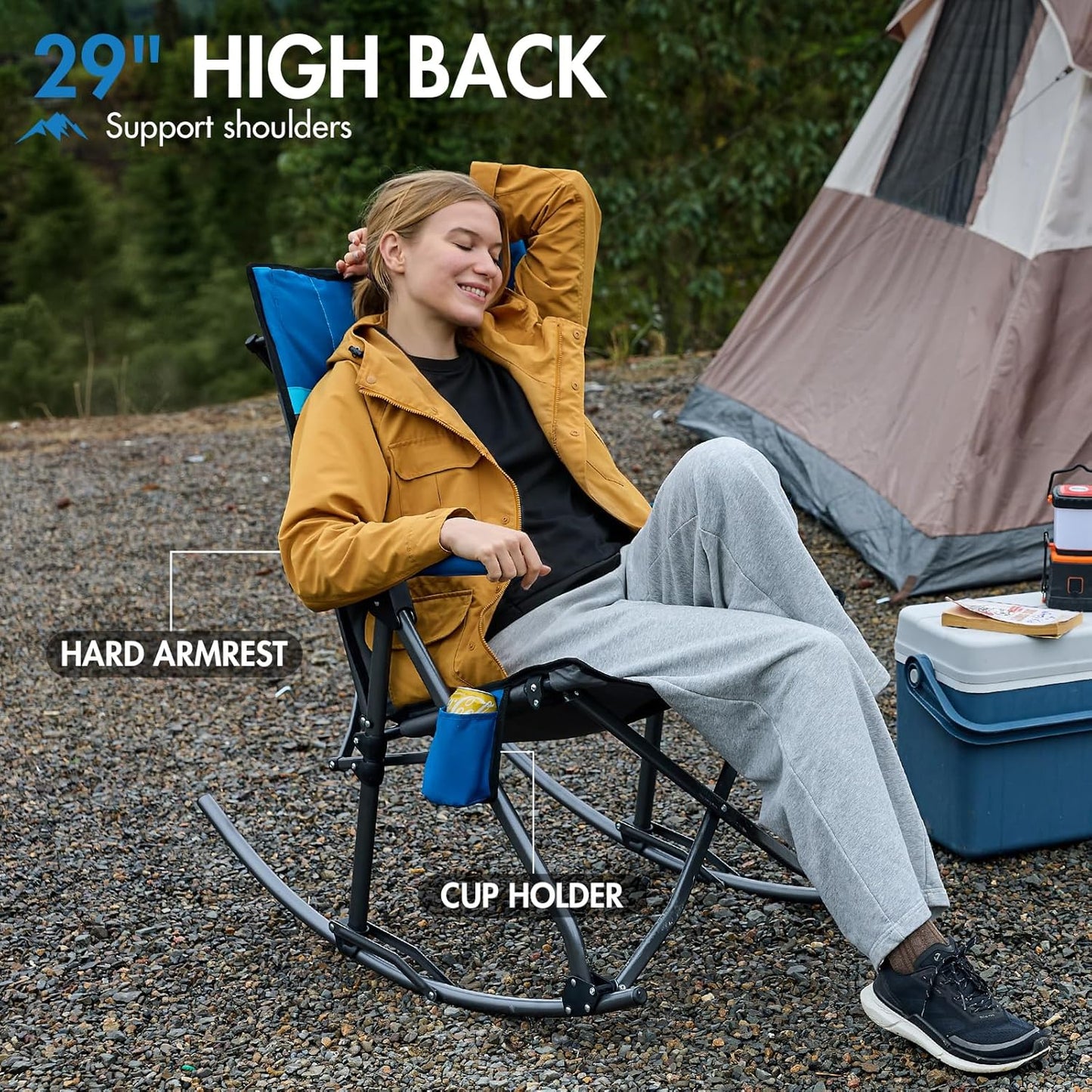 Portal Oversized Folding Rocking Camping Chair - Portable Outdoor Rocker with High Back & Carry Bag, Supports 400 lbs, Grey & Blue