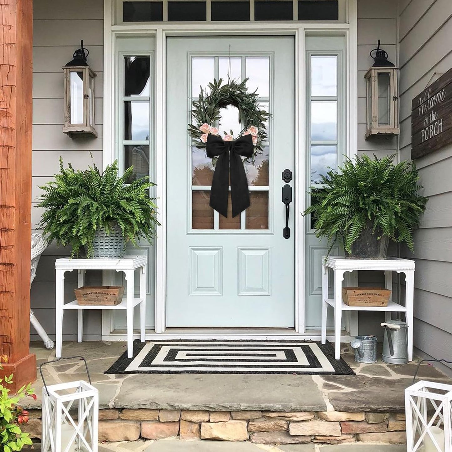 Skiennix Black Wreath Sash - Elegant Linen Ribbon Bow for Front Door & Porch Decor | 2 Pcs
