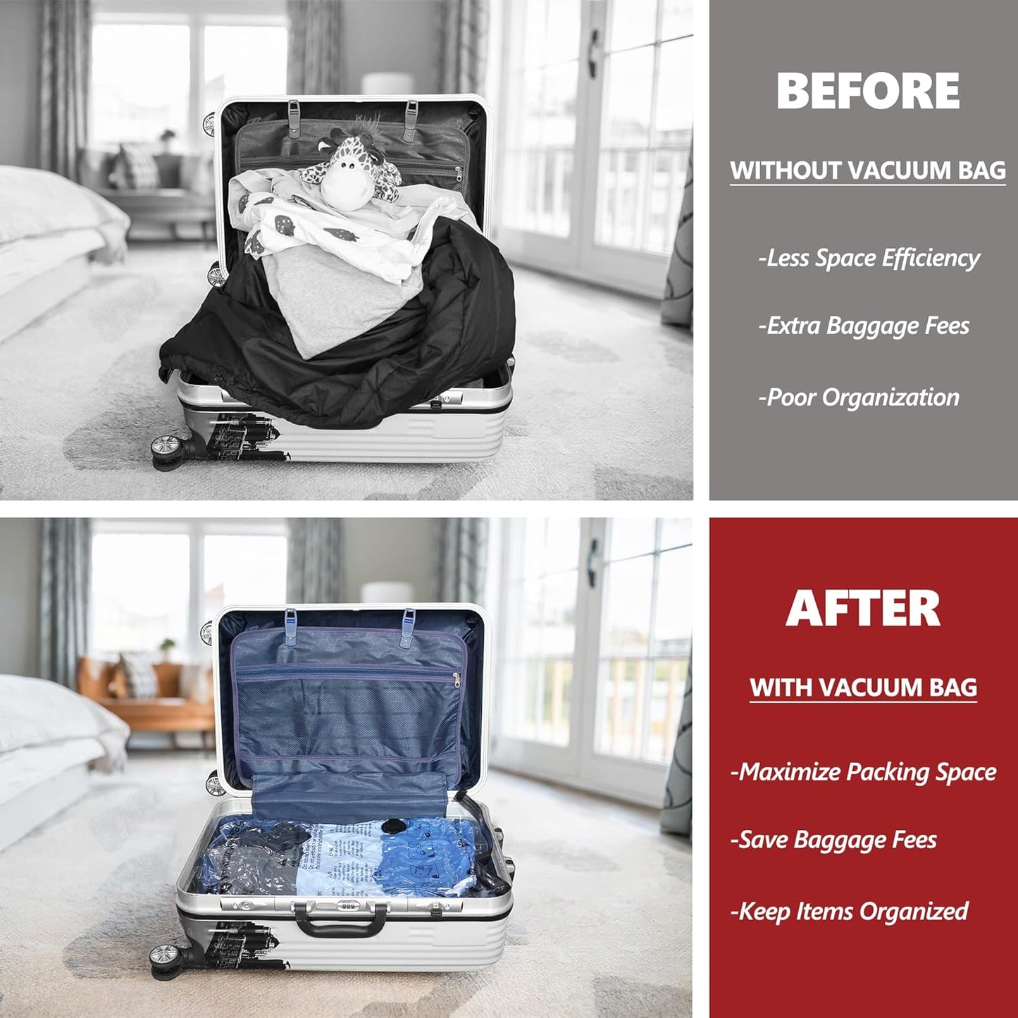 Skiennix Vacuum Bags - Travel Compression Packing Bags with Rechargeable Pump | 12 Combo Set (4L/4M/4S) for Clothes Storage