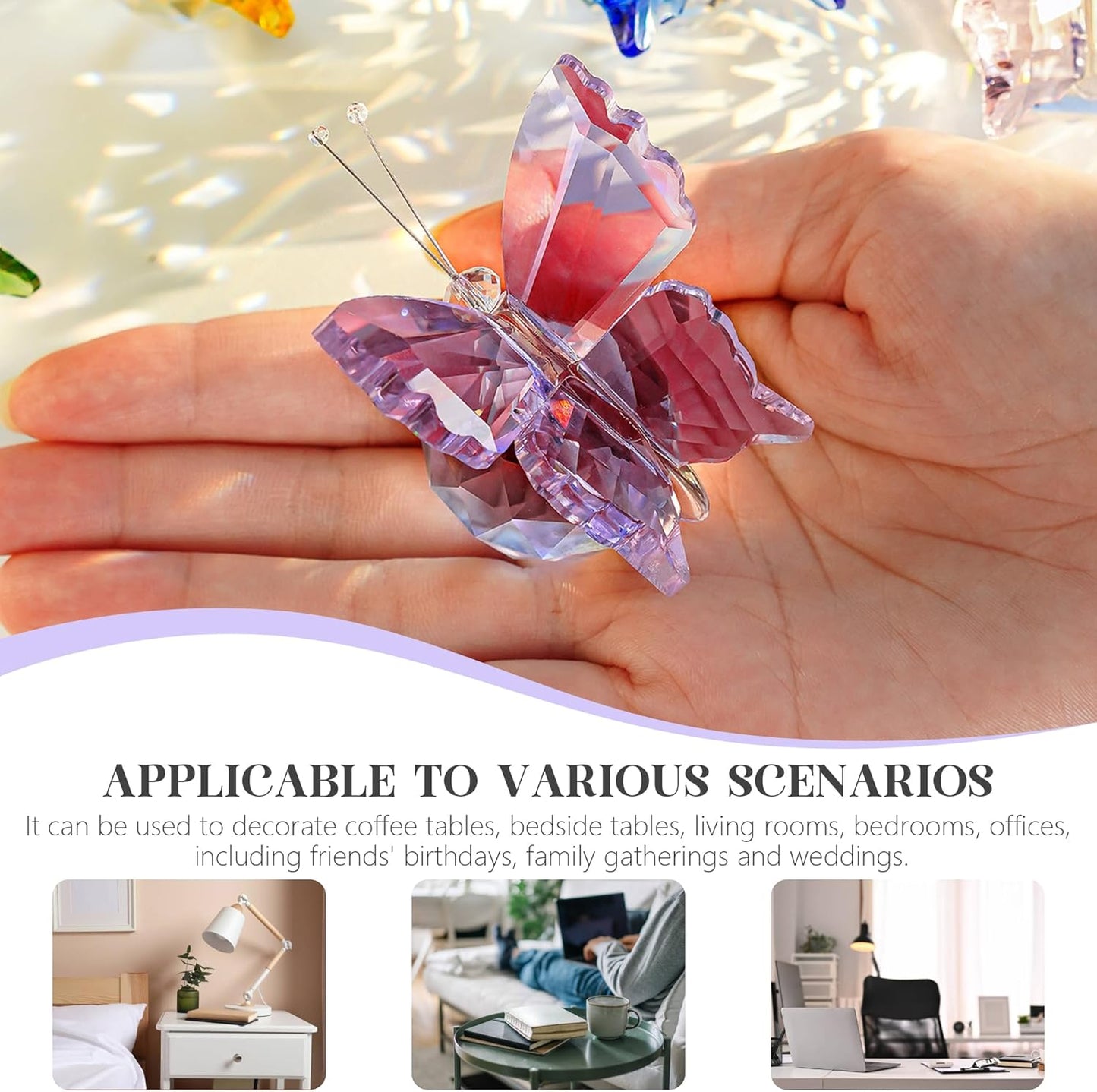 Kanpura Crystal Butterfly Figurines - 2 Pcs Glass Statues with Ball Base for Home Christmas Decor | Purple