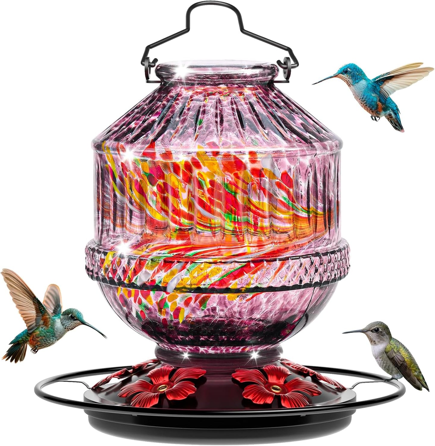 Skiennix Hand Blown Glass Hummingbird Feeder - 25 Ounce Leak-Proof Design with 5 Flower Ports | Purple Garden Decor