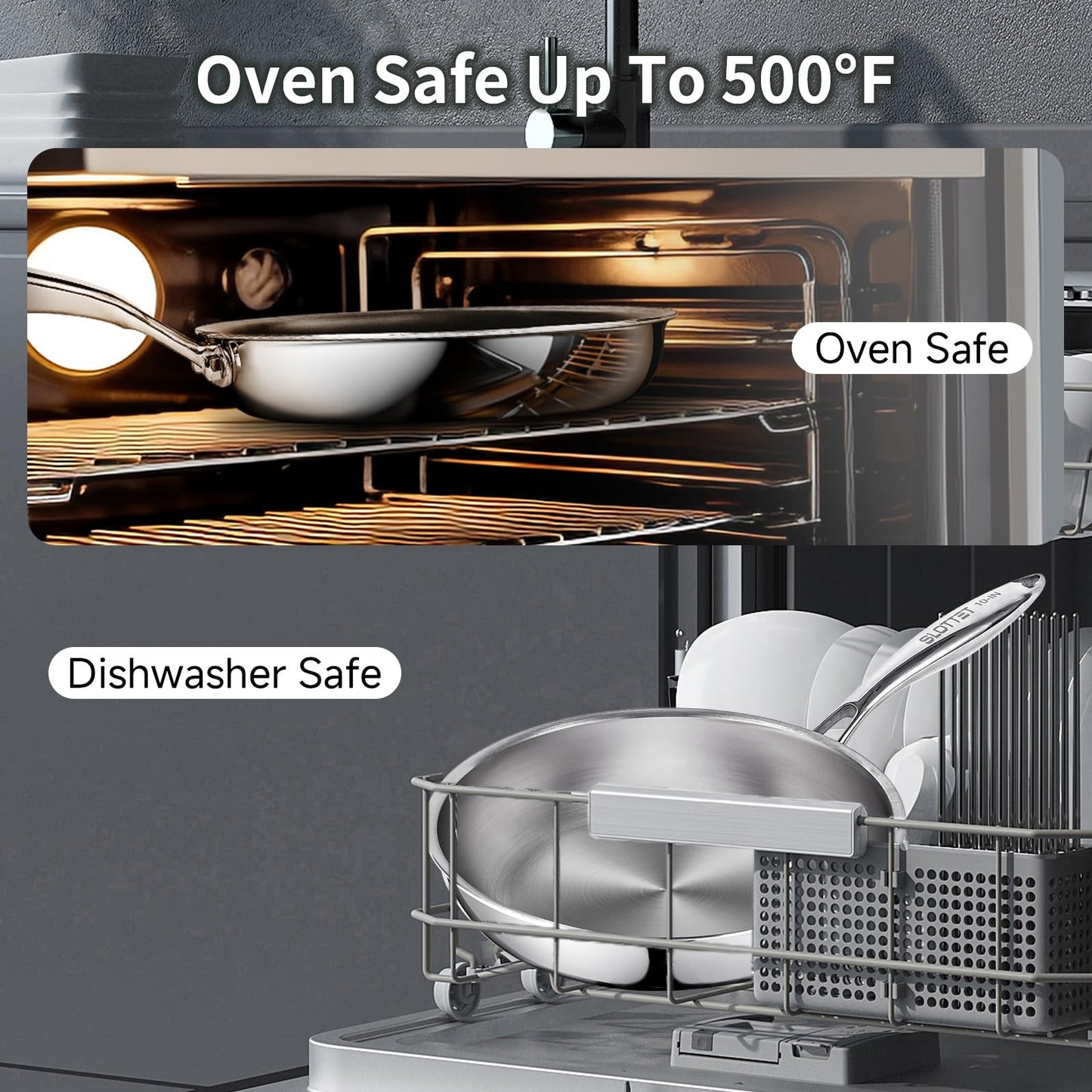 mopetta 10 inch Tri-Ply Stainless Steel Frying Pan,No Coatings PFOA&PTFE Free Skillets,Chef's Pans,Dishwasher and Oven Safe Cookware, Compatible with All Cooktops