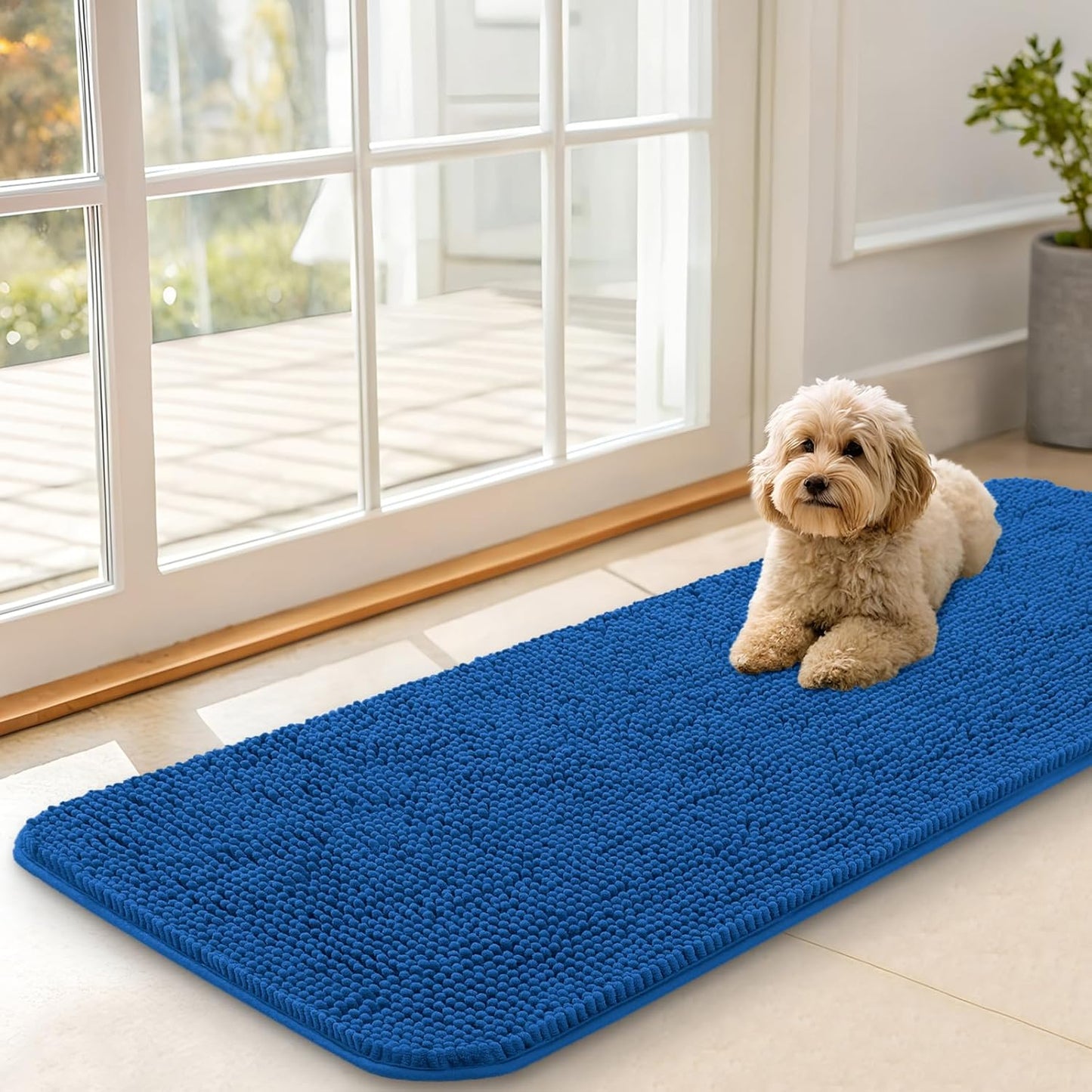 OLANLY Dog Door Mat - Absorbent Non-Slip Washable Doormat for Muddy Paws | 47x17 Deep Navy Blue