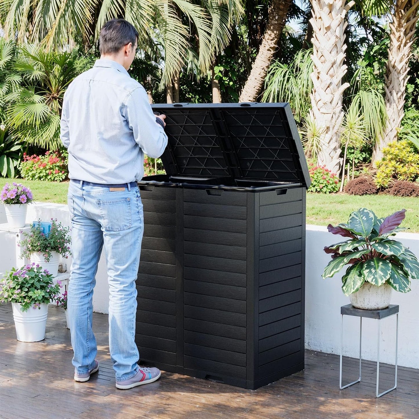 Regine Switzerland Outdoor Trash Can - Waterproof Resin Bin with Dual Lid Closure | 76 Gallon, Black