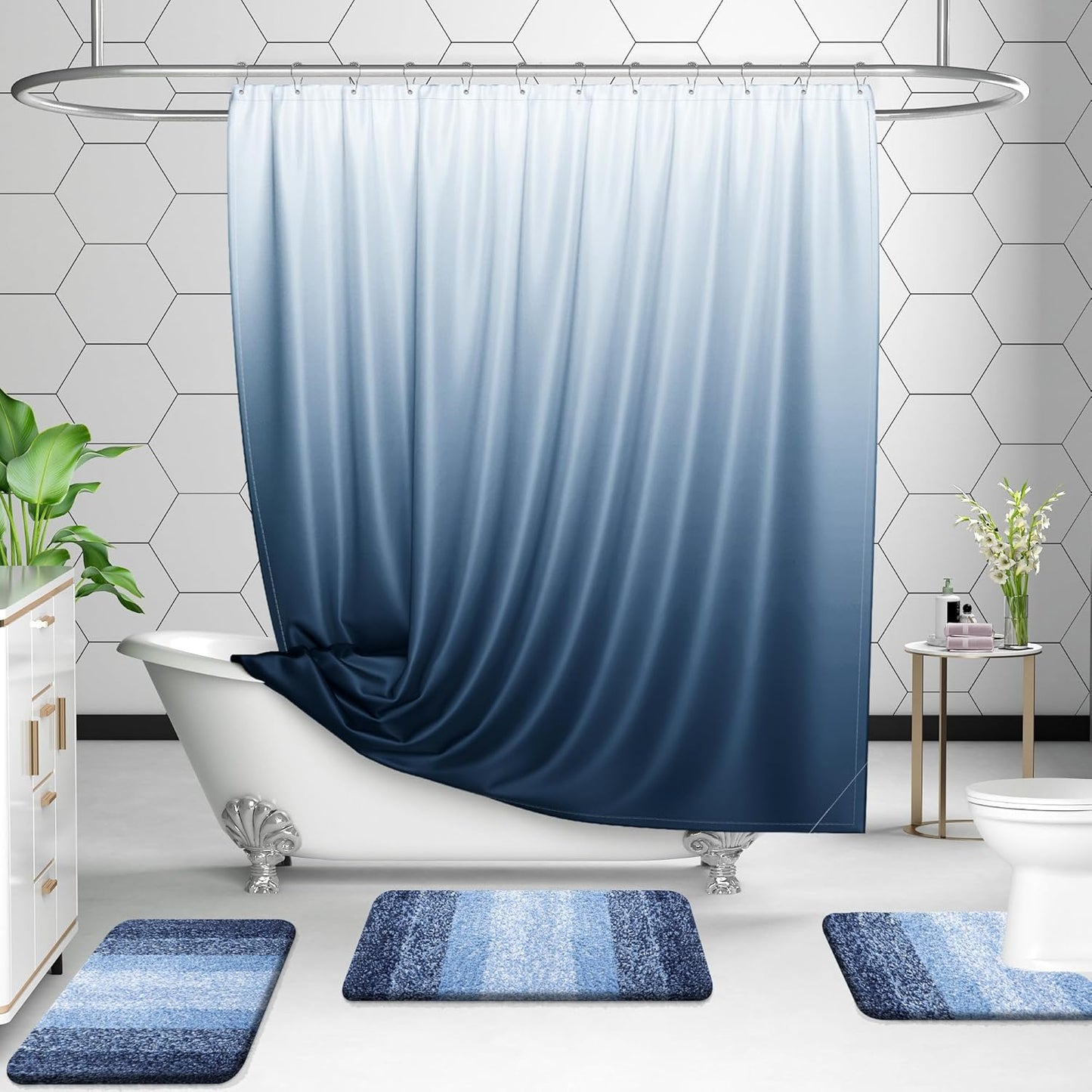 OLANLY Luxury Toilet Rugs - Extra Soft Microfiber U-Shaped Bath Mat 24x20 | Non-Slip Navy Contour Mat