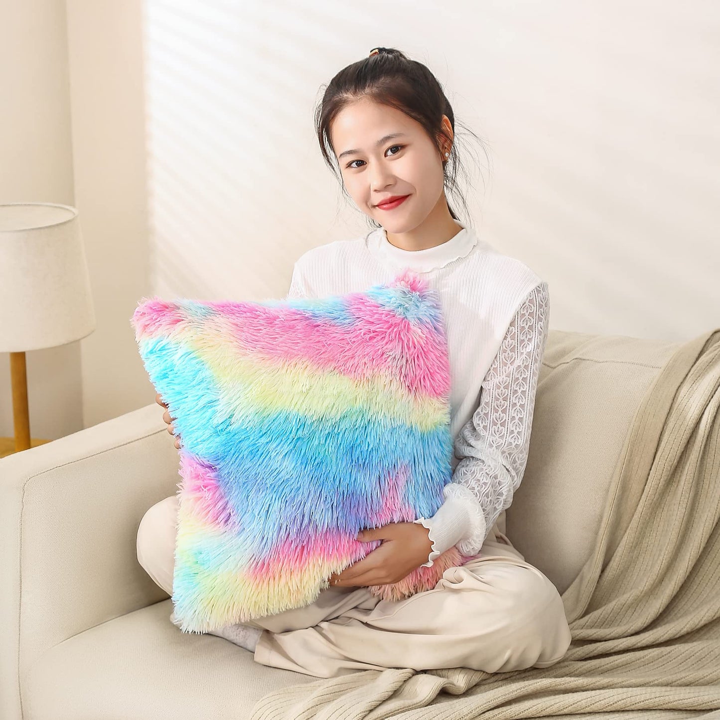 Dongchen Soft Fur Faux Fur Throw Pillow Covers Pack of 2 Peach Blush Plush Decorative Tie Dye Pink Throw Girls Pillow Covers Cute Cushion Cases Pillowcases for Sofa Couch Living Room Bedroom