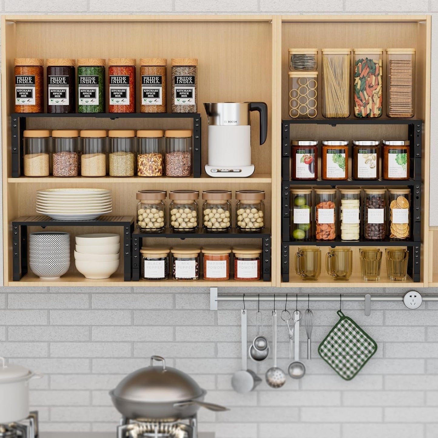 Wobmmi Expandable Spice Rack Kitchen Cabinet Shelf Organizer, Stackable Storage Shelves Racks, Adjustable Counter Shelving for Cabinets, Countertop, Cupboard,Pantry and More(2Packs/Black/Large)