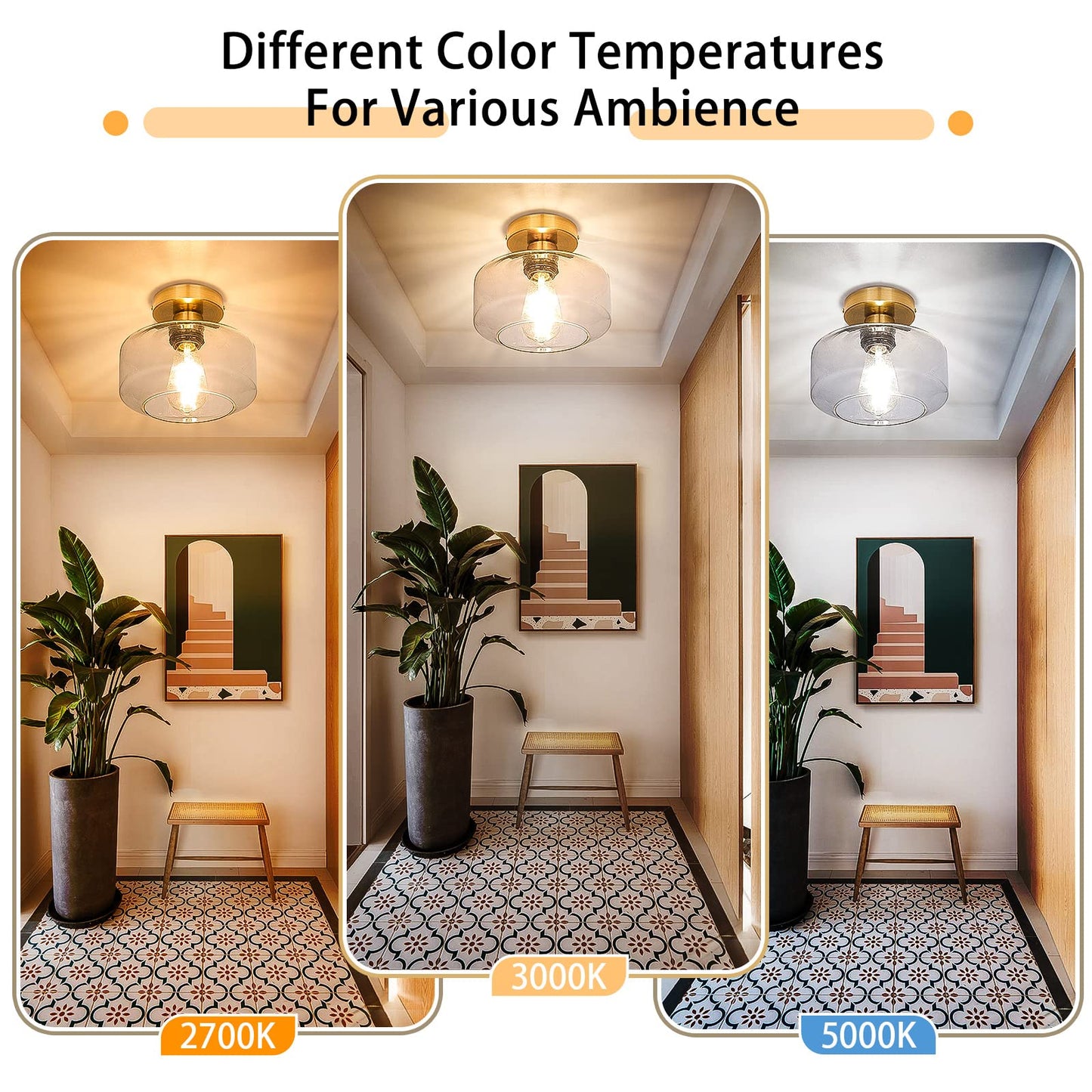 MAXvolador Industrial Semi Flush Mount Ceiling Light Gold, Clear Glass Pendant Lamp Shade, Farmhouse Lighting Hallway, Vintage Hanging Light Fixture