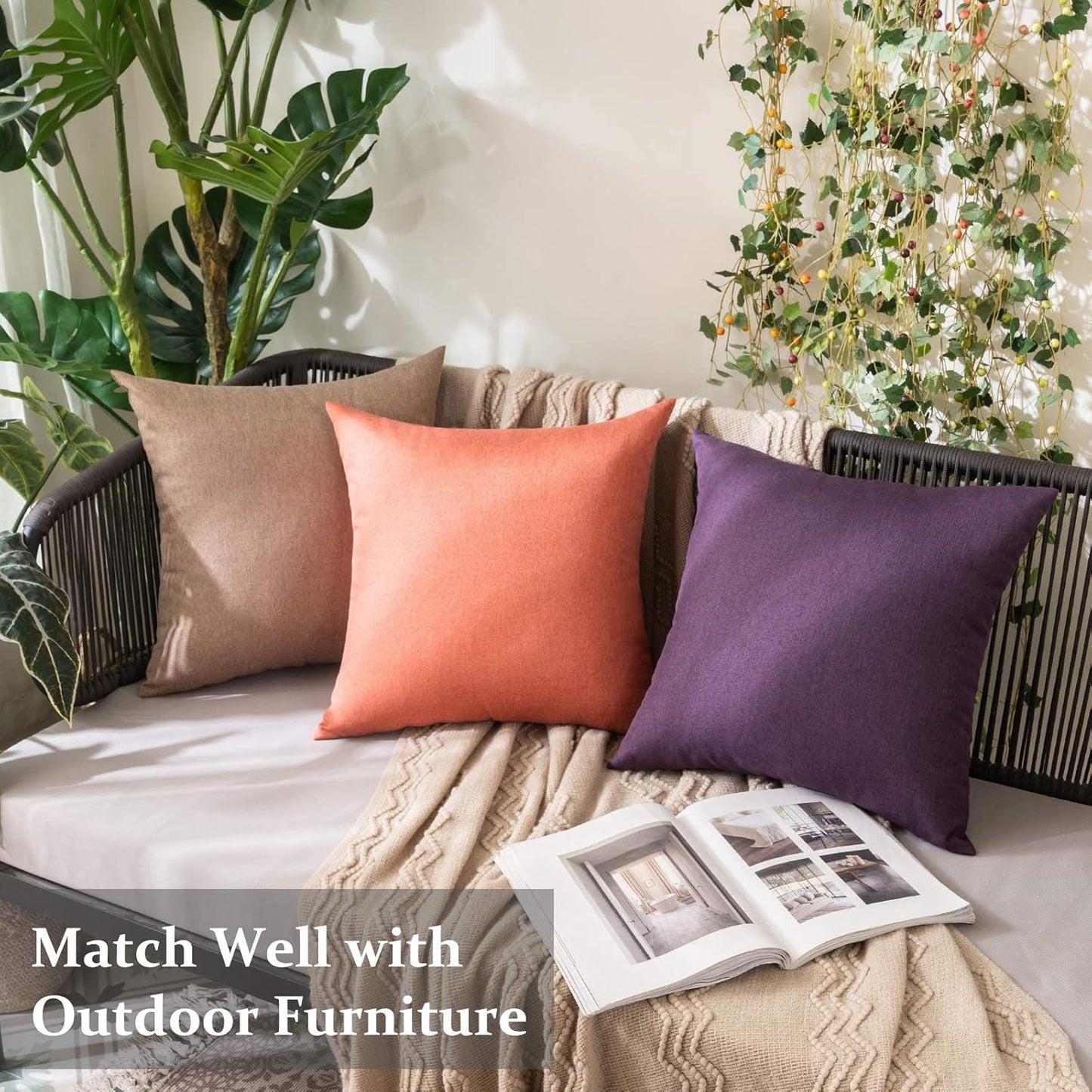 MIULEE Decorative Outdoor Throw Pillow Covers - Waterproof Faux Linen Cushion Cases | 20x20 Inch Purple (Pack of 2)