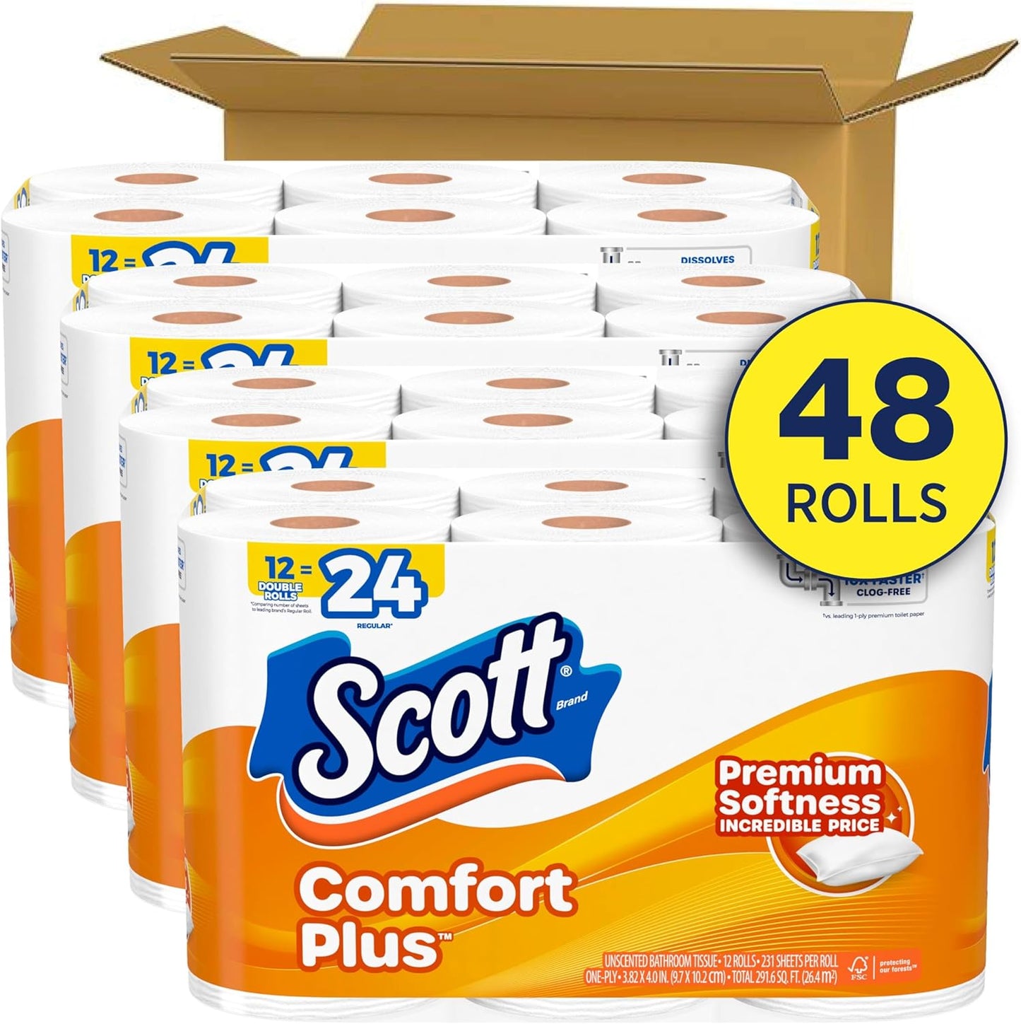 Scott ComfortPlus Toilet Paper - 48 Triple Rolls | 231 Sheets Per Roll | Septic-Safe 1-Ply Tissue