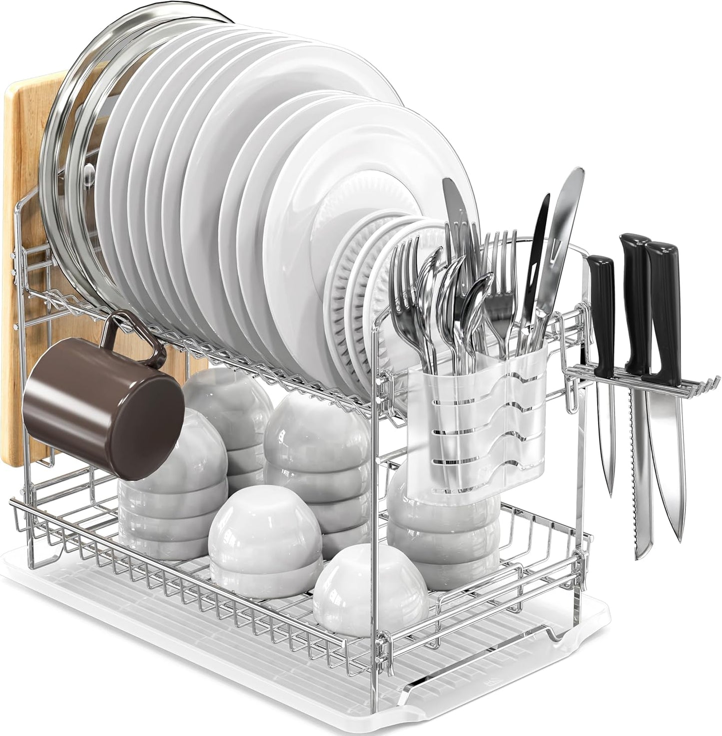 Simple Houseware 2-Tier Stainless Steel Dish Rack - Chrome Finish with Drainboard for Kitchen Organization