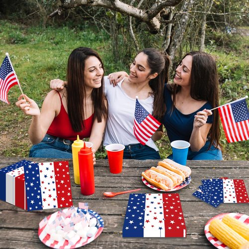 50 Count Red White Blue Star Paper Napkins, Patriotic Disposable Cocktail Napkins for 4th of July, Memorial Day, Veterans Day, Labor Day, and American Flag Party Decorations