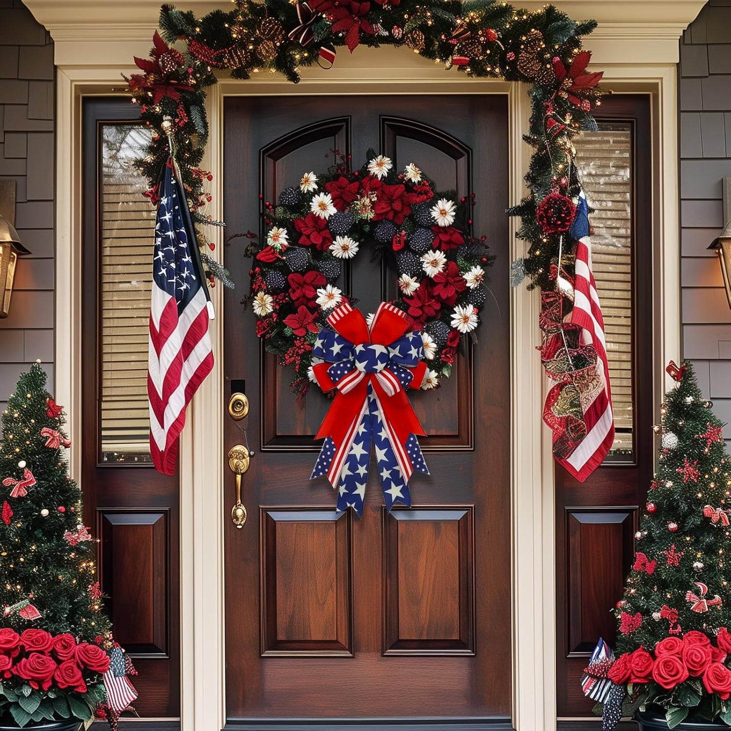 Patriotic 4th of July Bows by [Brand Name] - Pre-Tied Wired Ribbon Bows, 20x11 Inch, 2 Pack for Outdoor Decor