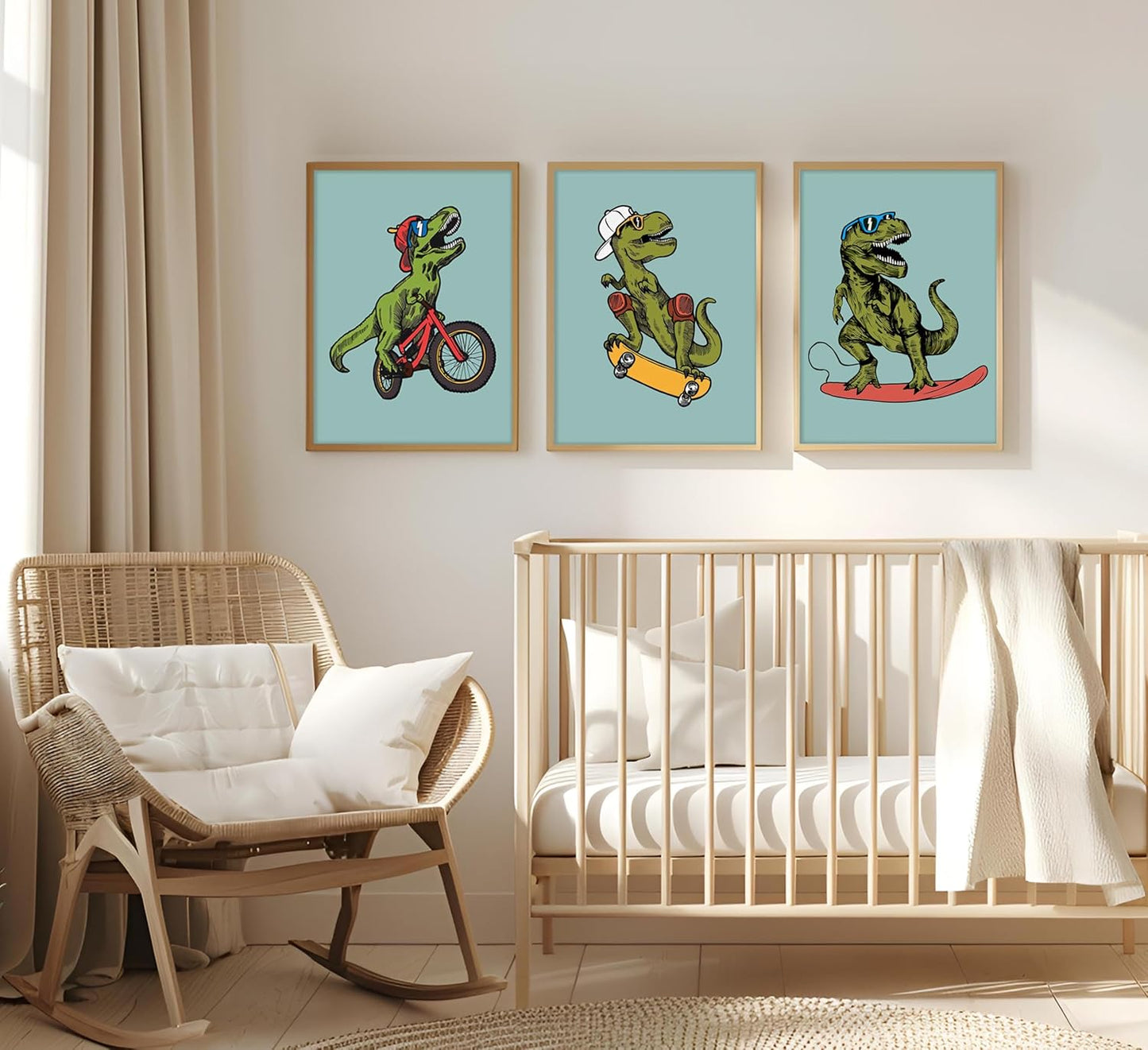 Skiennix Funny Dinosaur Nursery Canvas Wall Art - Surfing & Skateboarding Design | Perfect for Boys' Room Decor