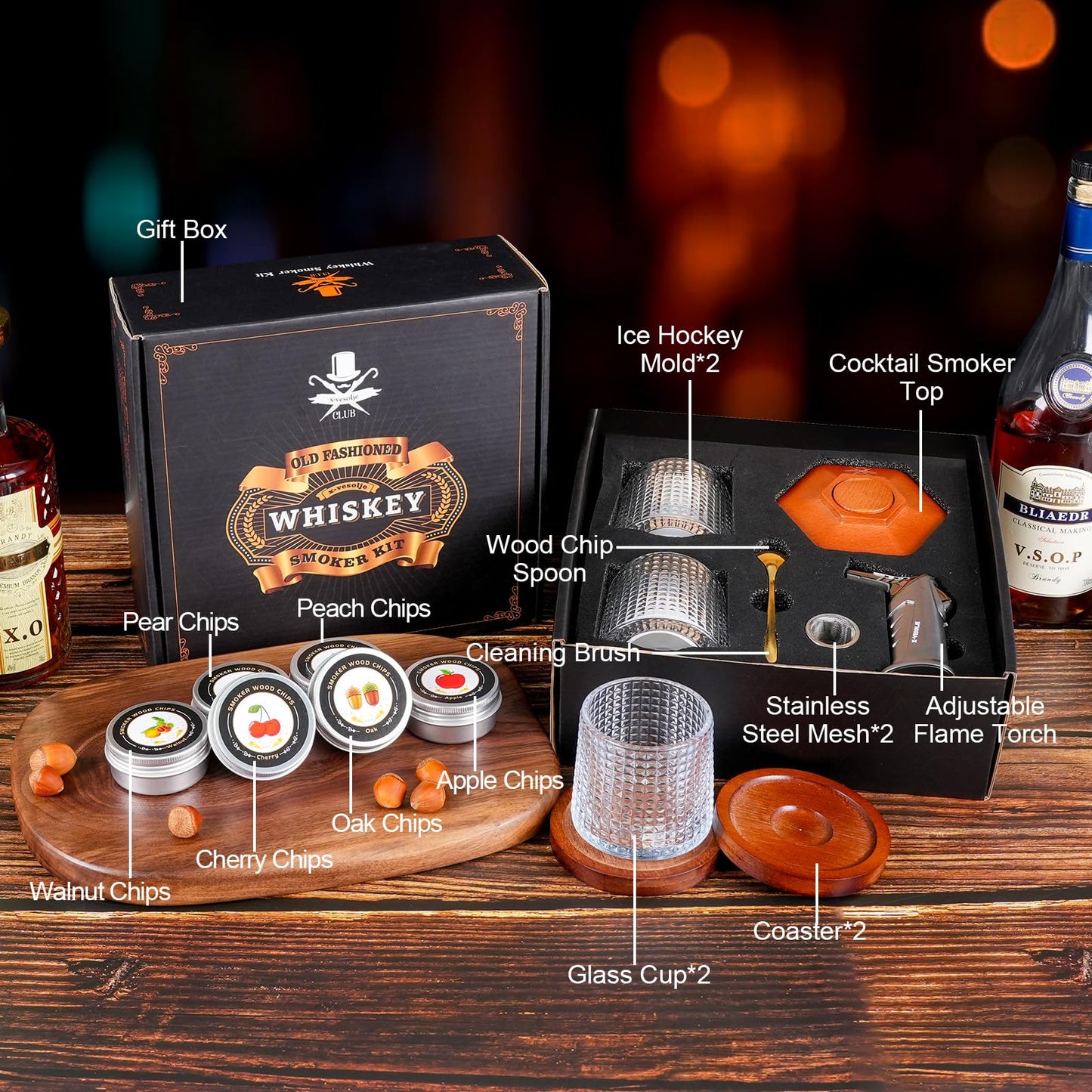 Whiskey Smoker Kit with Torch - 6 Flavors Wood Chips, 2 Rotatable Whiskey Glasses, 2 Ice Ball Molds - Cocktail Smoker Infuser Kit, Old Fashioned Smoker Kit, Birthday Gifts for Men, Dad(NO Butane)