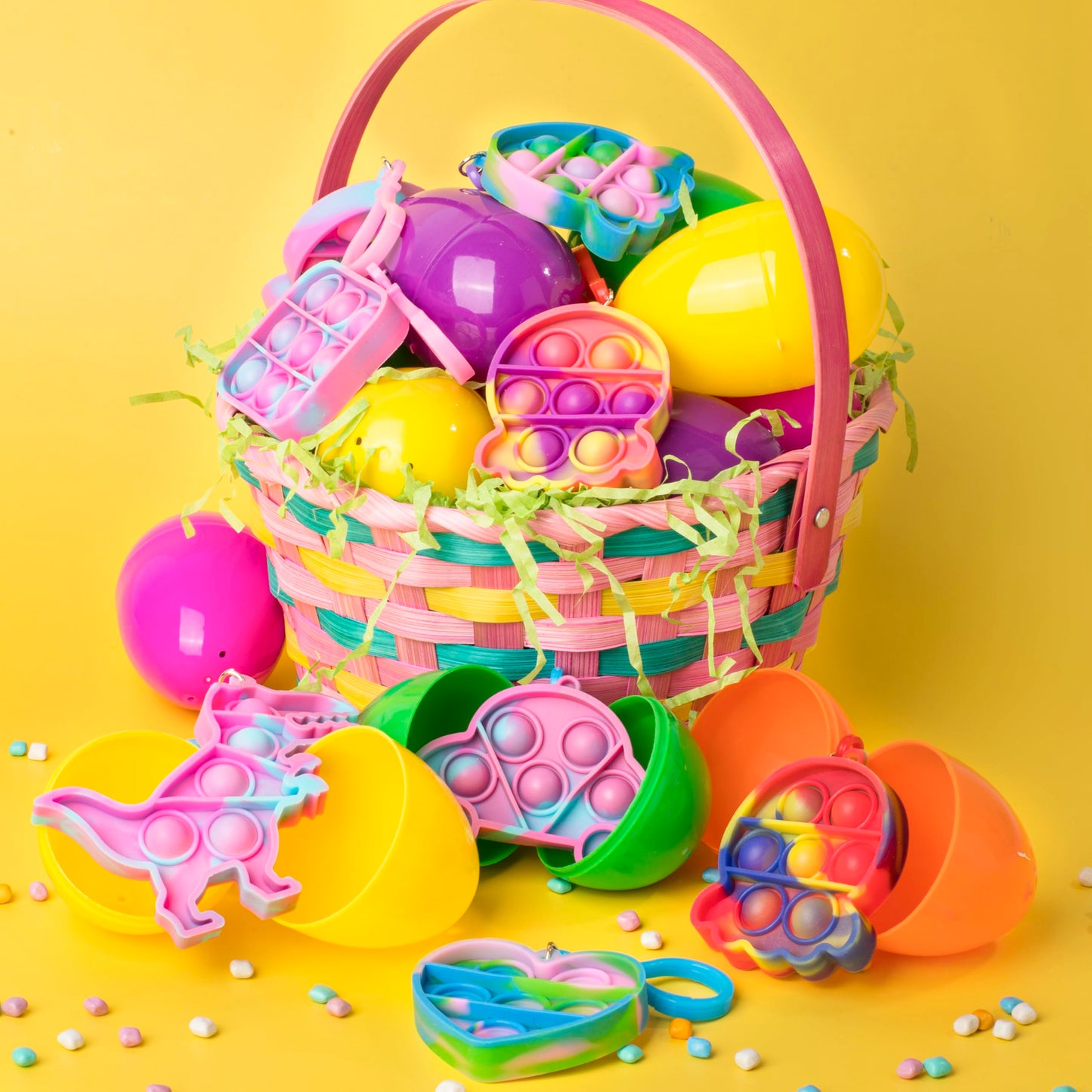 JOYIN 24 Pcs Pre Filled Easter Eggs with pop Keychain Toys for Easter Theme Party Favor, Pop Fidget Stress Relief Squeeze Bubble for Eggs Hunt, Classroom Exchange and Game Prize Supplies