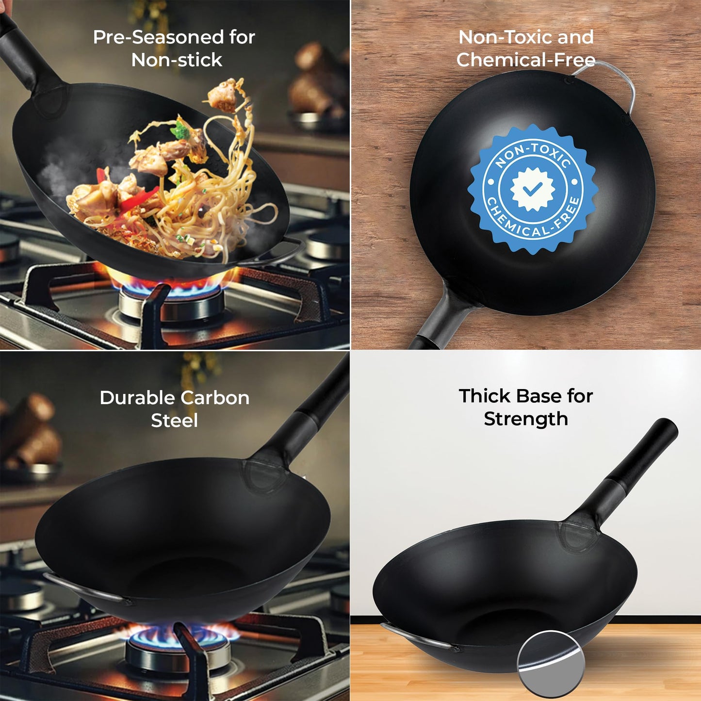 Restaurantware Carbon Steel Wok 1 Pack of 14 Inch Heavy-Duty Uniform Heat Distribution Pan Induction Compatible Round Bottom Wok Welded Handle Black For Gas Stovetops And Grills
