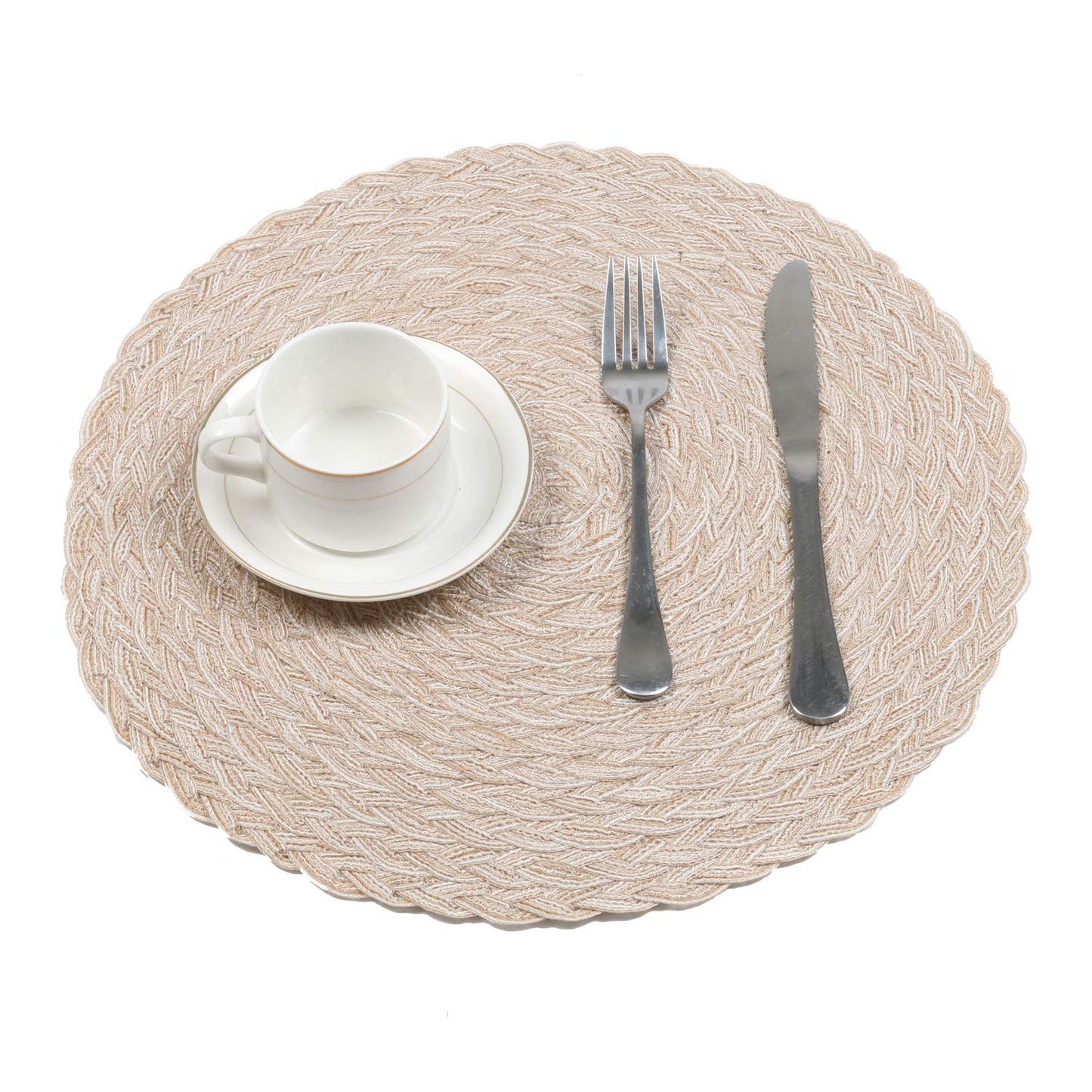 SHACOS Round Braided Placemats 15 inch Set of 4 Boho Woven Washable Kitchen Table Placemats for Home Wedding Party (T-Beige, 4)