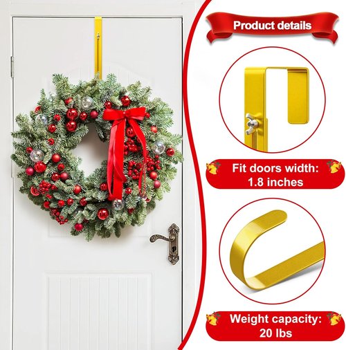 Gold Wreath Hanger - Adjustable Over The Door Hook (15-25 Inch) | Heavy Duty Metal Holder for Seasonal Decor