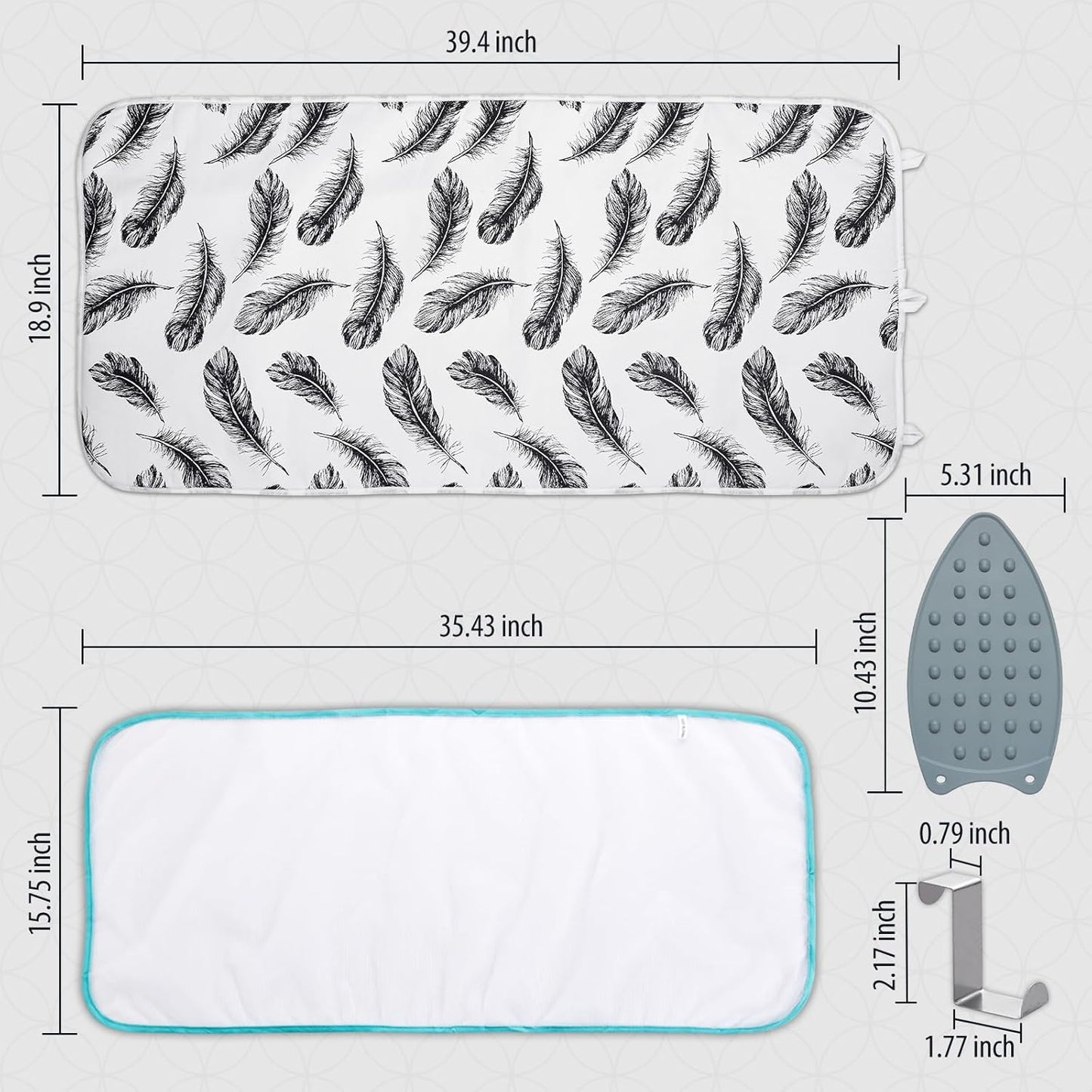 Seiritex Ironing Mat - Portable 5-in-1 Ironing Pad | 39.4 x 18.9 Inch Travel Blanket - Black Feather Design
