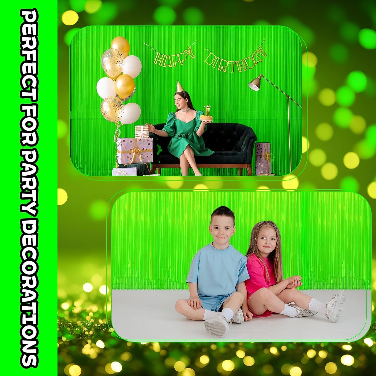 Skiennix Glow In The Dark Curtains - 4 Pack Tinsel Foil Fringe Backdrop for Neon Parties | 6.6 x 3.3 Ft
