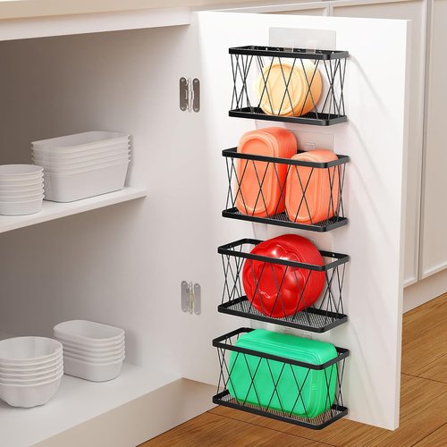 BasicForm Metal Kitchen Cabinet Door Organizer - 4 Pack Adhesive Storage for Tupperware Lids | Black