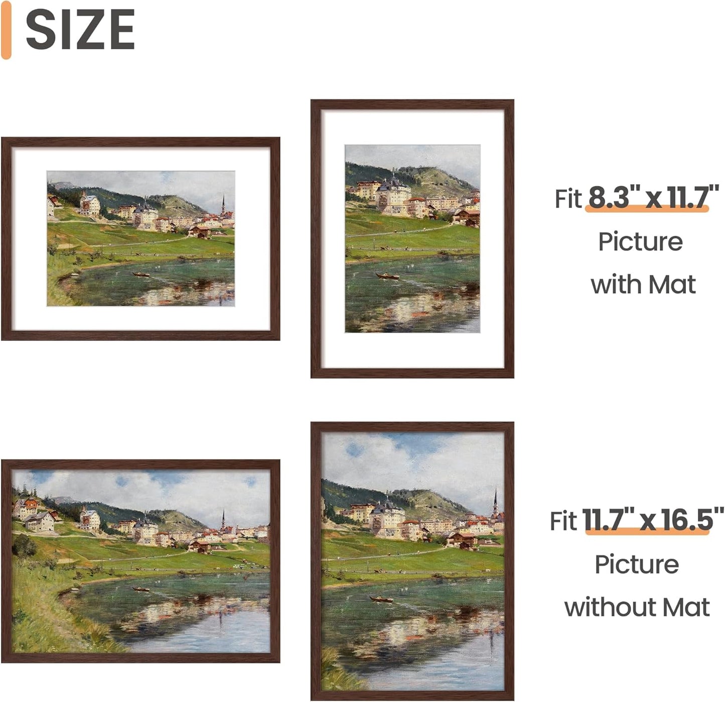 Upsimples A3 Picture Frame - Display 8.3x11.7" Photos with Mat or 11.7x16.5" Without - Brown, 1 Pack