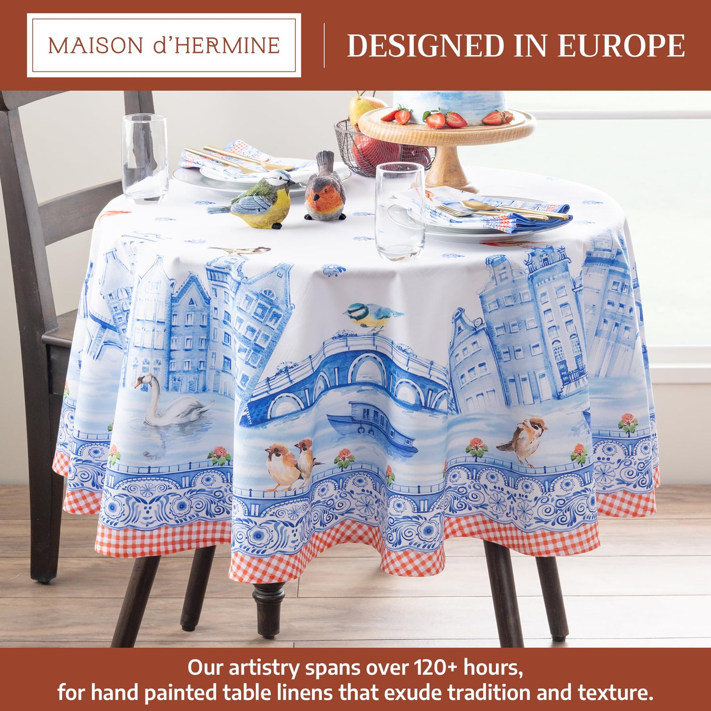 Maison d' Hermine Table Cloth Round Table 100% Cotton 69 Round Inches Tablecloth Reusable Decorative for Dining Kitchen Room Farmhouse Home Gifts for Mothers Day Spring Summer - Amsterdam Canals