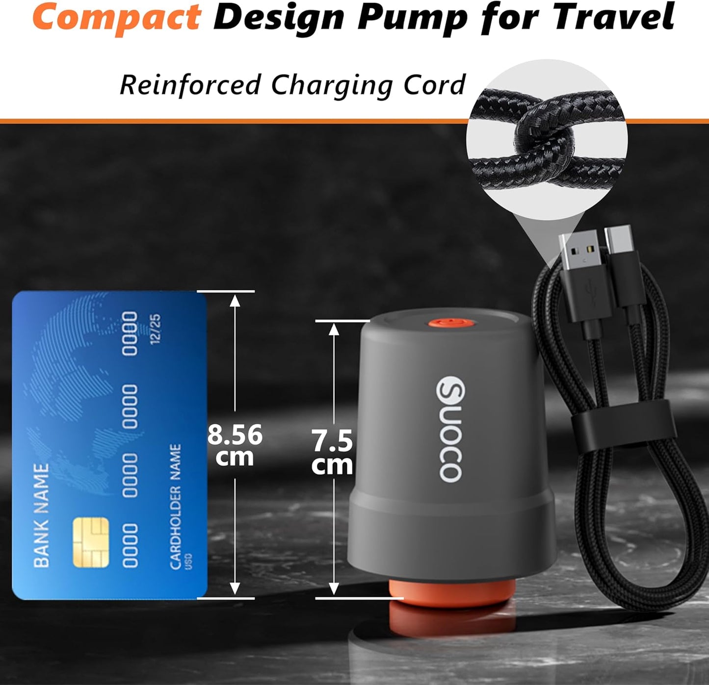 SUOCO Travel Vacuum Pump - Mini USB Rechargeable Cordless Electric Pump for Space Saver Bags - Grey