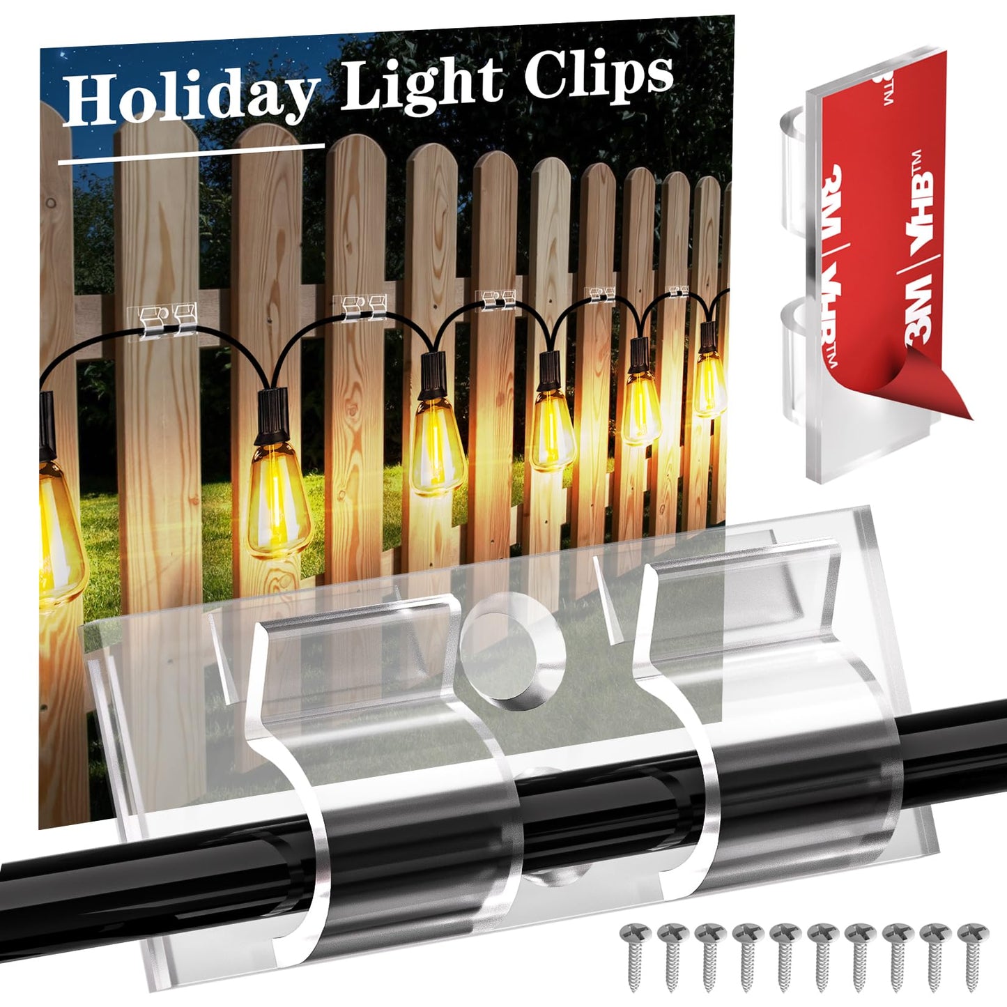 XHF 30PCS Clear Hooks for Outdoor String Lights Clips, Heavy Duty Adhesive with Holes and Screws, for Hanging Christmas Lighting