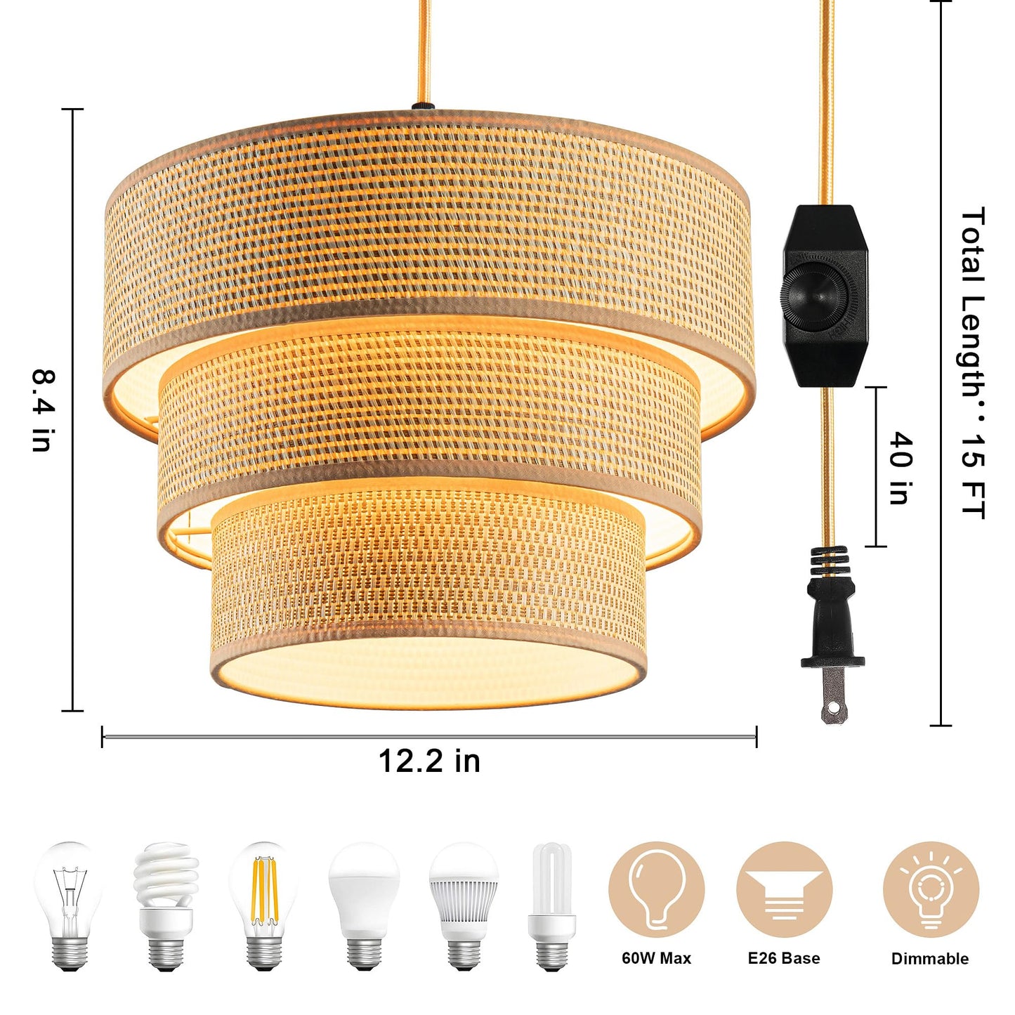 Mateyrie Plug in Pendant Light, Hanging Lamp with Dimmable Switch, Rattan Pendant Light Fixtures with 15 Ft Cord, Boho Lamp with Yellow Lamp Shade for Bedroom, Kitchen, Living Room