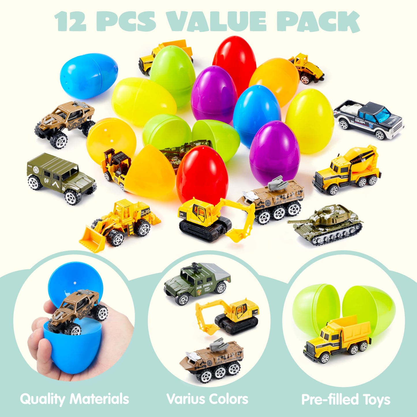 JOYIN 12 Pcs Prefilled Easter Eggs with Die-cast Vehicles, Basket Stuffers for Kids, City Cars and Trucks Toy for Easter Egg Hunt, Party Favors for Boys, Goodie Bag Fillers, Class Prize Supplies Gifts