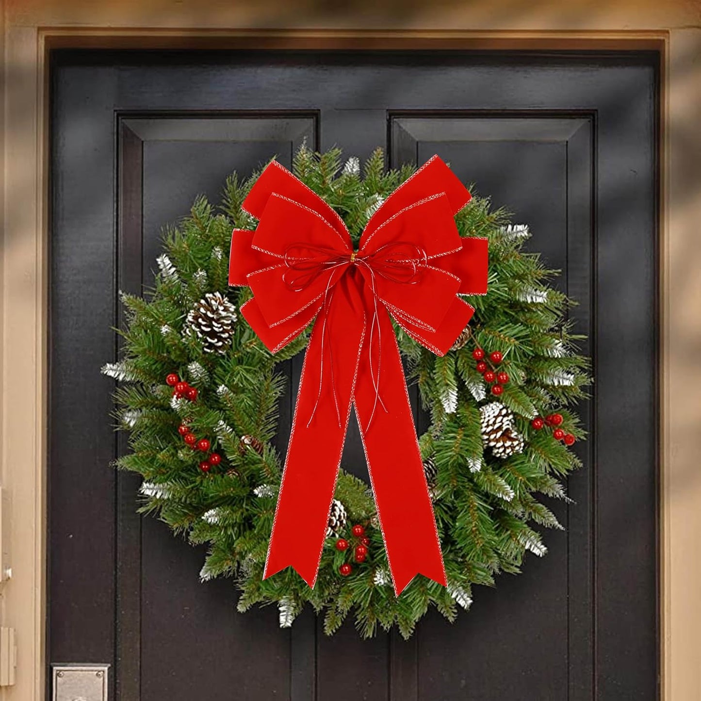 Skiennix 2 Pack Red Christmas Bows - Large 12”x20” Velvet Wreath Bows with Glitter Gold Edge for Holiday Decor