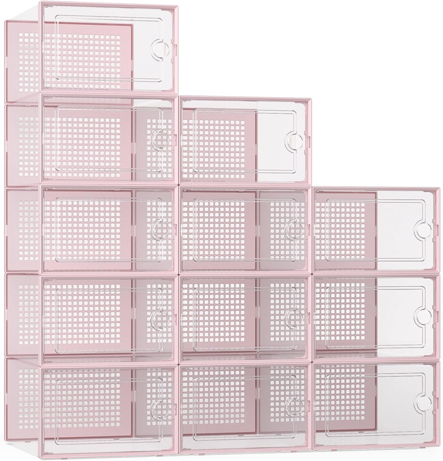 Kuject X-Large Shoe Storage Boxes - Clear Plastic Stackable Organizers | 12 Pack for Sneakers & Toys - Pink