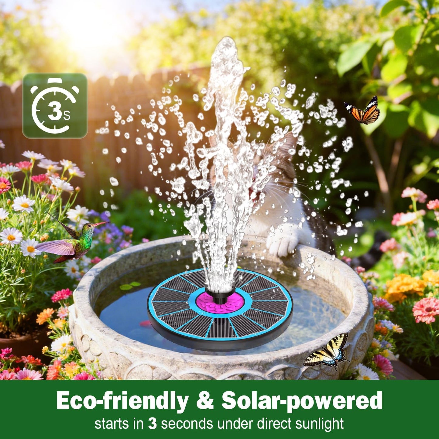 SZMP Solar Fountain - 3.5W Anti-Drift Water Pump with 7 Nozzles for Bird Bath | Attract Hummingbirds (Blue)