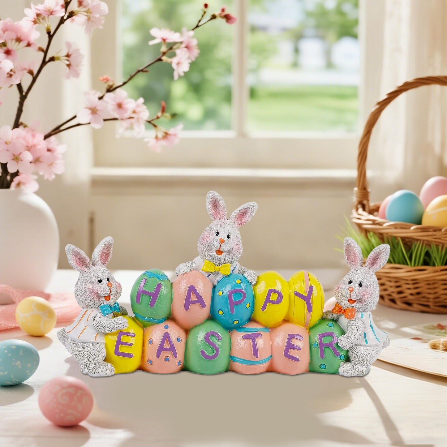 DR.DUDU Easter Decorations Eggs Bunny, Hand-Painted Resin Tabletop Centerpiece, Decor Bunny Figurine for Home Room Table Office Party (Happy Easter)