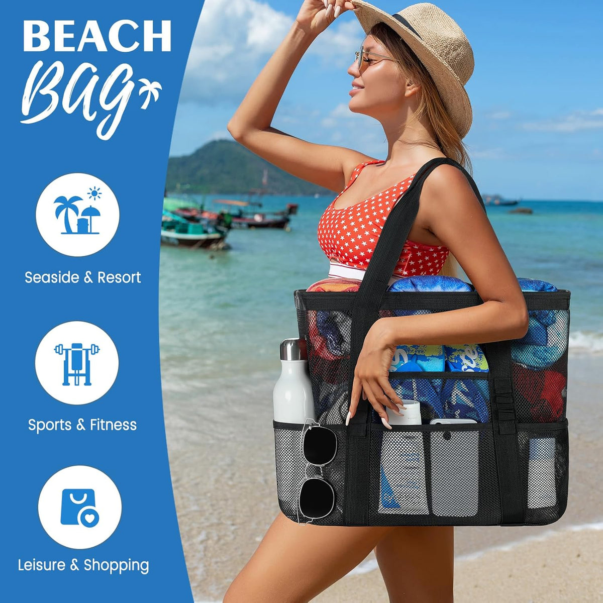 Skiennix Mesh Beach Bag - Large 8-Pocket Tote for Vacation Essentials | Stylish & Functional