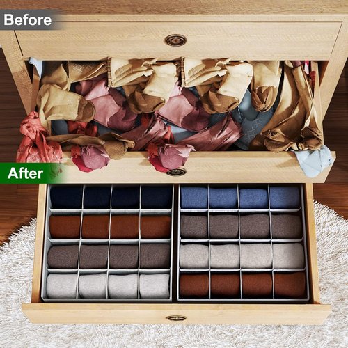 Homsorout Sock Organizers - 64-Cell Fabric Drawer Dividers for Socks & Ties | 4-Pack Black