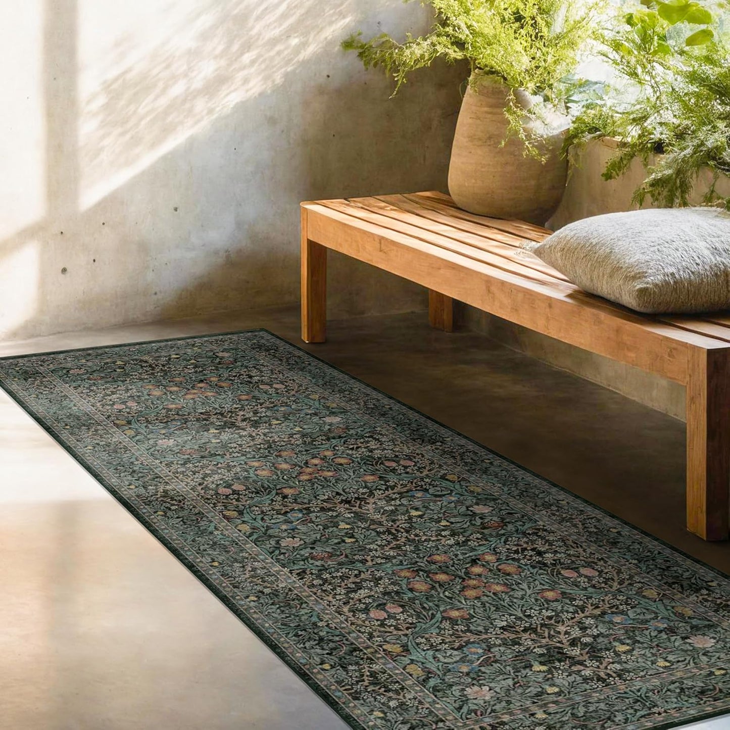 Skiennix Dark Green 2x5 Runner Rug - Non-Slip & Washable Floral Boho Design for Indoor Use