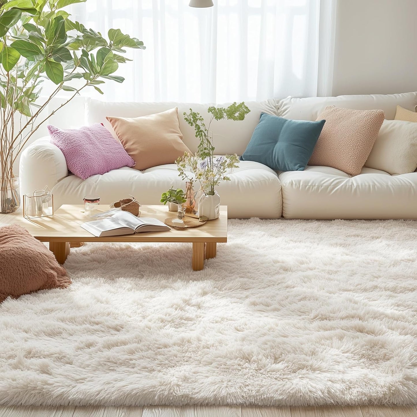 OLANLY Area Rug - Soft Fluffy Shaggy Design for Living Room & Bedroom | Machine Washable Ivory 4x7 ft