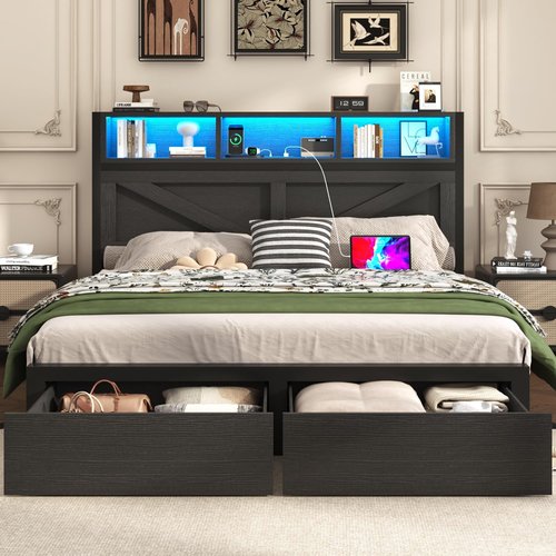 Incyneva Queen Bed Frame - Farmhouse Style with Bookcase Headboard, Charging Station & LED Light - Black